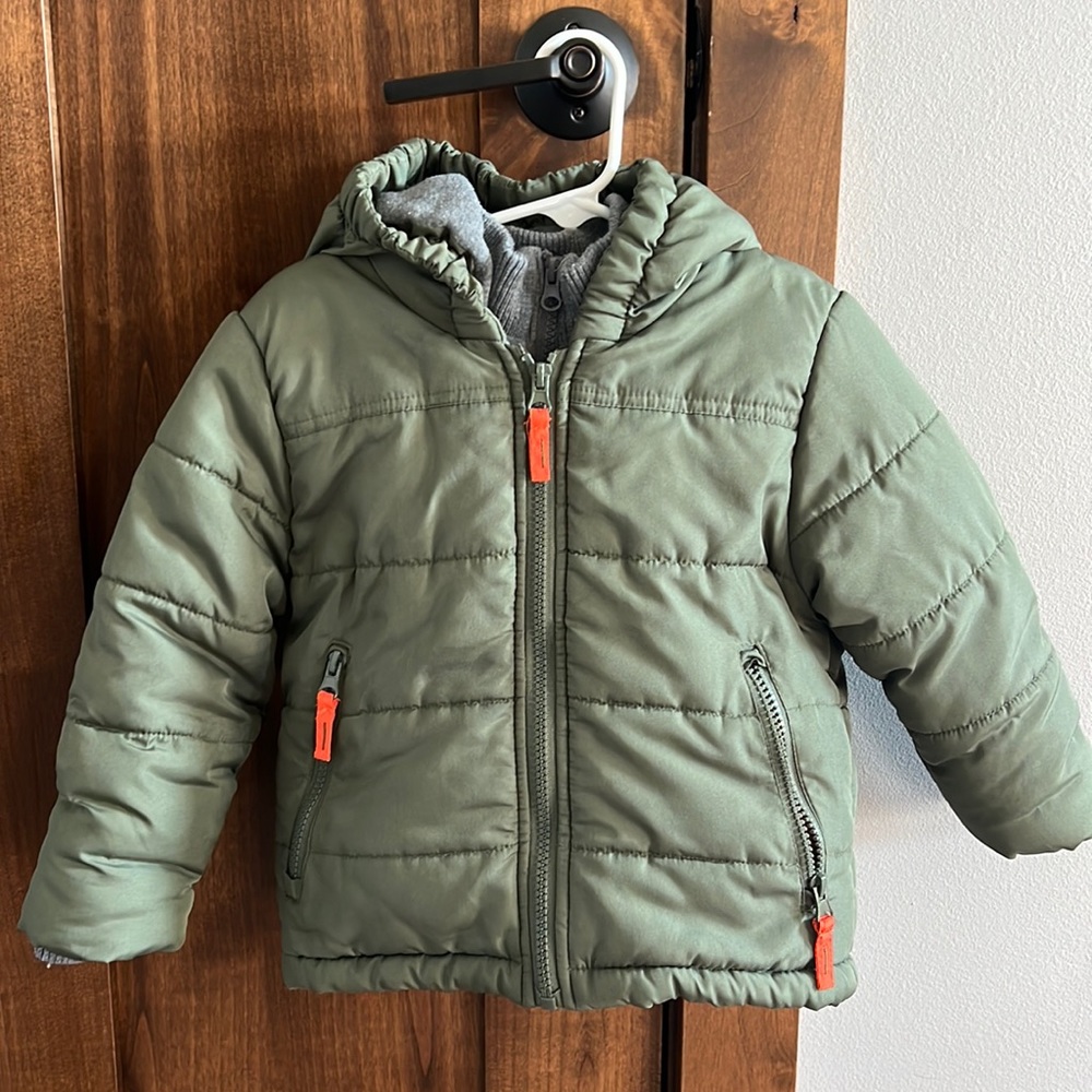 Little Boys Puffer Jacket, Olive Green, 24month fits like 2T.